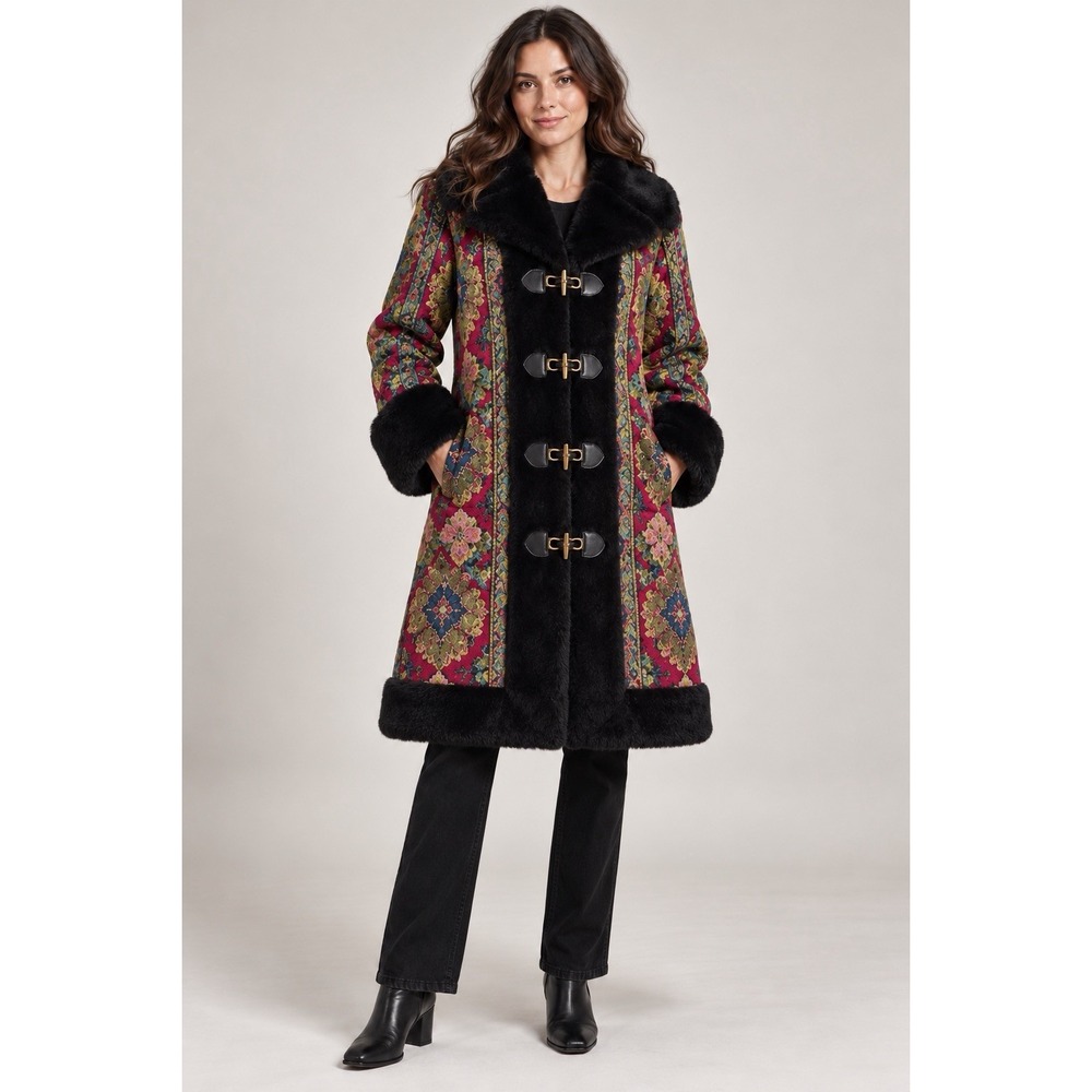 Vtg Penny Lane Tapestry Coat Faux Fur Trim Toggle Front Women's XS/S
